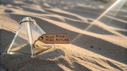 Fototapeta premium Glass pyramid with tag referencing high risk and high return in sand