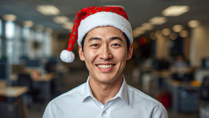 Portrait of Happy corean Businessman Wearing Santa Hat in Office
