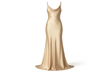 Elegant champagne satin slip dress isolated on a transparent background for fashion.