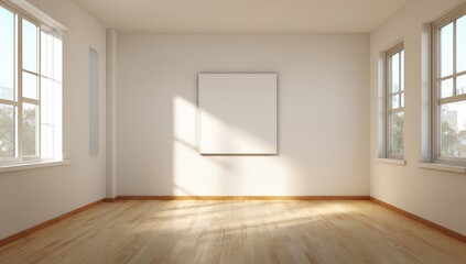 Fototapeta premium Bright, empty room with wooden floor and framed canvas