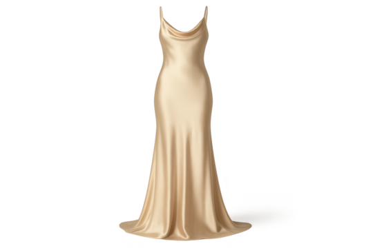 Elegant champagne satin slip dress isolated on a transparent background for fashion.