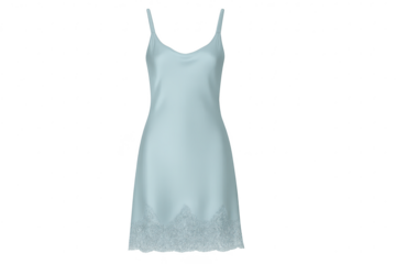 Elegant light blue silk slip dress with lace trim isolated on transparent background