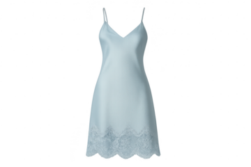 Elegant light blue satin slip dress with lace trim isolated on transparent background