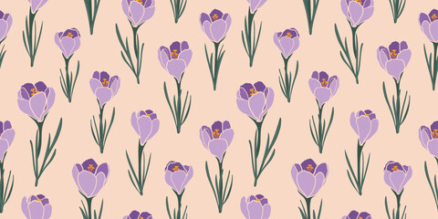 Seamless Pattern With Purple Crocus Flowers In A trendy Style. Abstract Spring primroses in pastel colors. Vector background for postcards, flyers, banners, paper and textile printing