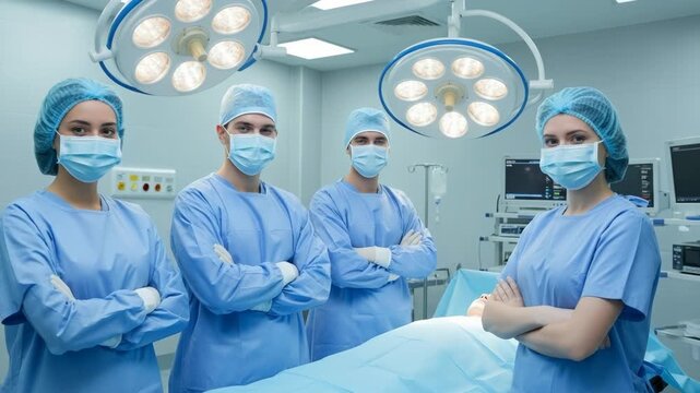 Medical team of four surgeons in blue scrubs and masks standing in a sterile operating room