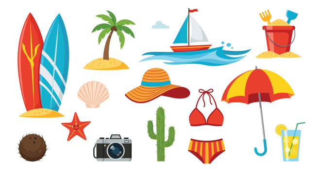 Bright and colorful collection of flat design summer beach vacation icons including a palm tree surfboard bikini and camera for travel.