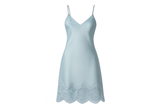 Elegant light blue satin slip dress with lace trim isolated on transparent background