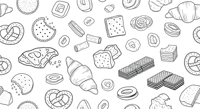 Seamless black and white pattern of hand-drawn cookies crackers and pastries in a doodle style for bakery themed backgrounds.