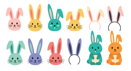 Obraz premium Cute collection of colorful Easter bunny characters and rabbit ear headbands in various bright colors for spring holiday designs.
