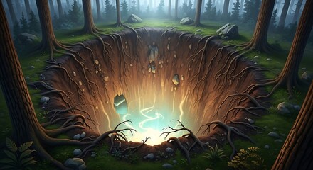 Fantasy glowing hole in forest with magical atmosphere