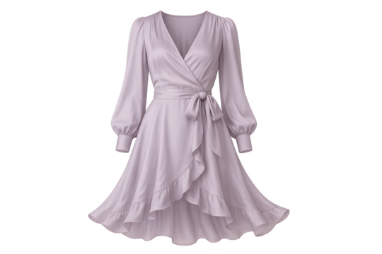 Elegant light purple wrap dress with long sleeves, isolated transparent background.