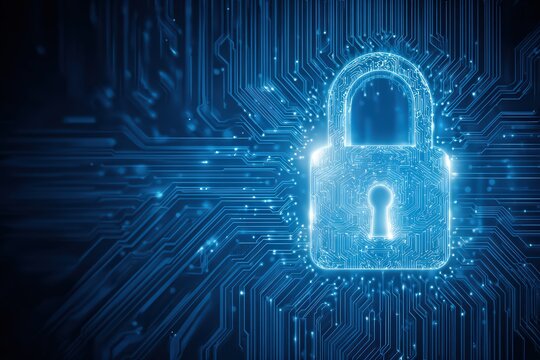 Digital padlock superimposed on a glowing blue circuit board, symbolizing data security - Powered by Adobe