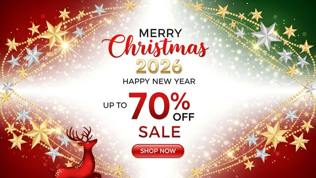 Festive merry christmas and happy new year 2026 sale banner with sparkling stars and reindeer illustration - Powered by Adobe