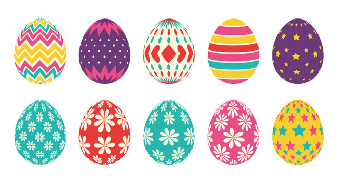 Collection of ten colorful decorated easter eggs with various patterns like stripes flowers and stars on a white background.