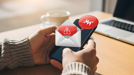 Worried user receiving urgent security alert on smartphone while working from home needing immediate attention for potential cyber threats and phishing attacks affecting data privacy