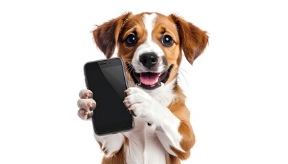 Cheerful puppy holding a blank smartphone up, smiling warmly on a stark white background