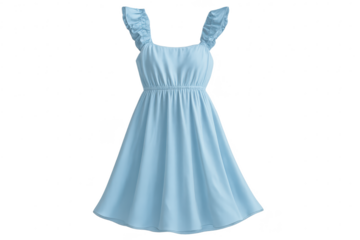 Light blue women's summer dress with ruffled straps, isolated on a transparent background