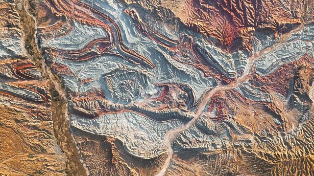 Panoramic shot on folded rocks with visible colorful layers . Camera is zooming out, rotating clockwise. Animation based on image by NASA