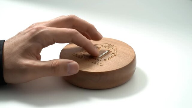 Hand Playing Wooden Instrument on White Surface in Studio Lighting Finger Tapping Musical Device with Small Holes Wood Grain Texture and Arm Visible
