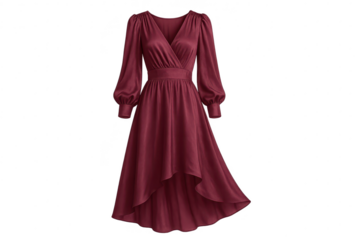 Elegant dark red satin high-low dress, isolated on transparent background for fashion design