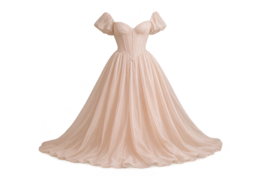 Elegant light pink formal gown with corset isolated on transparent background.