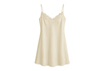 Elegant beige silk slip dress with delicate lace trim, isolated on transparent background