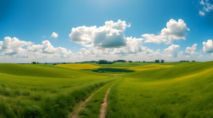 winding dirt road through green and yellow rolling hills