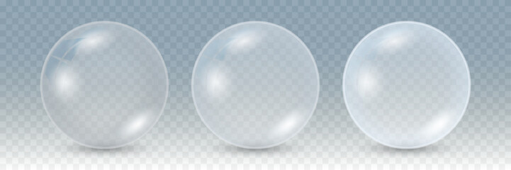 Realistic 3D Soap Bubbles – Transparent Glossy Round Bubbles with Light Reflections and Clear Glass Effect on Isolated Background Vector Illustration