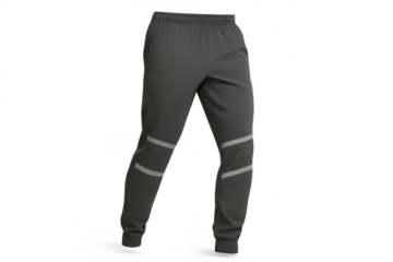 Dark gray athletic pants, reflective strips, isolated on transparent background.