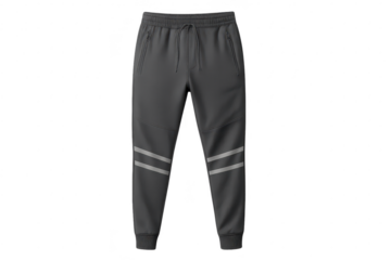 Grey men's athletic joggers with reflective stripes, isolated on transparent