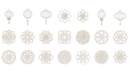 Collection of intricate line art illustrations featuring traditional Asian lanterns and geometric mandala patterns in a light brown hue. © hudannrmtqn