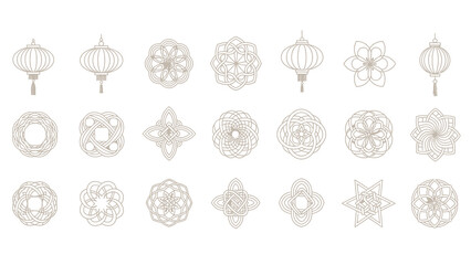 Collection of line art illustration traditional asian lantern and geometric pattern
