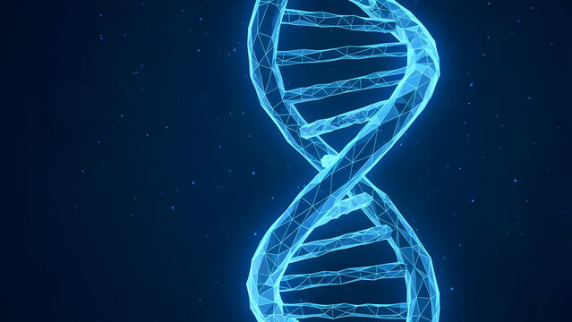 Abstract glowing blue dna double helix structure on dark background representing genetics and science