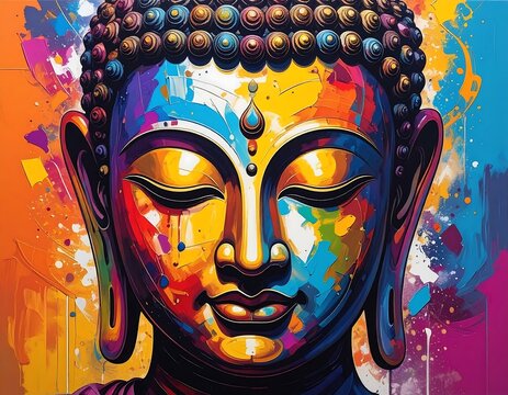 A vibrant, colorful digital artwork, showcasing a serene Buddha portrait with closed eyes, blending lively hues