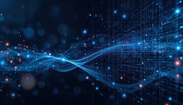 Dynamic blue network data streams with glowing particles for modern technology background or presentation, showcasing connectivity and innovation