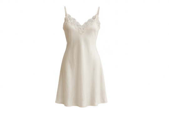 Beautiful ivory satin slip dress, elegant lace, isolated on transparent background.