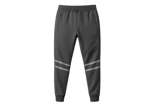 Grey men's athletic joggers with reflective stripes, isolated on transparent