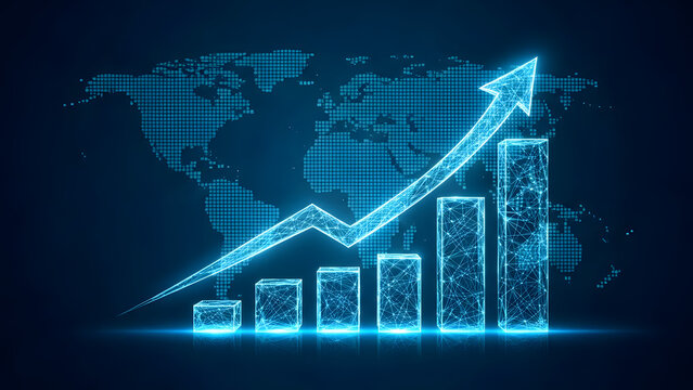 Glowing blue digital bar graph with upward arrow showing financial growth and global economic trends