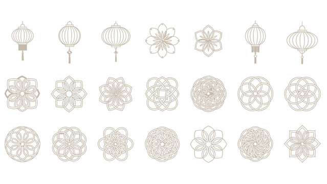 Collection of intricate line art illustrations featuring traditional Asian lanterns and geometric mandala patterns in a light brown hue.