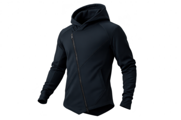 Dark blue hooded jacket with zipper isolated on transparent background, stylish