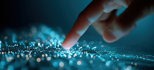 Finger interacts with glowing digital circuit board