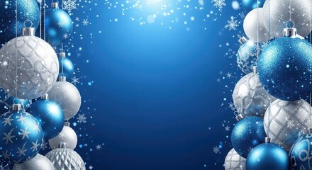 Blue christmas background with sparkling silver and blue ornaments and snowflakes