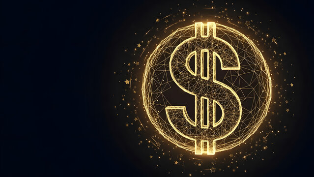 Glowing golden dollar sign symbol illuminated with digital particles on a dark background