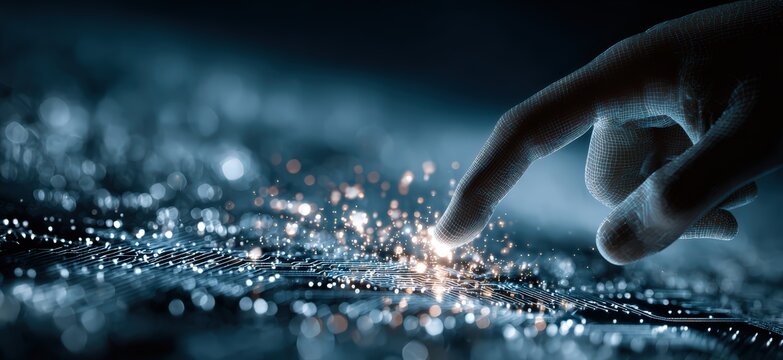 A finger interacts with glowing digital particles on a circuit board
