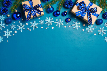 Festive blue christmas gifts and ornaments with snowflakes