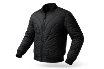 Stylish black quilted bomber jacket isolated on a transparent background, fashion