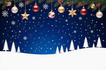 Festive christmas scene with ornaments and snowing trees