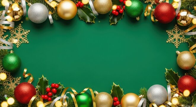 Festive christmas frame with colorful ornaments and holly on green background