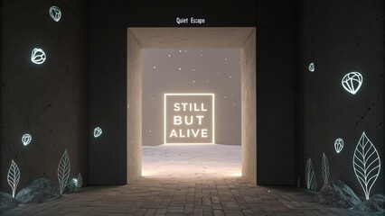 Minimalist composition with illuminated words STILL BUT ALIVE