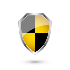 Fototapeta premium Glossy shield with yellow and black pattern. Security and protection concept. Cyber safety icons, internet privacy, web defense, digital data protection and antivirus themes. Vector illustration